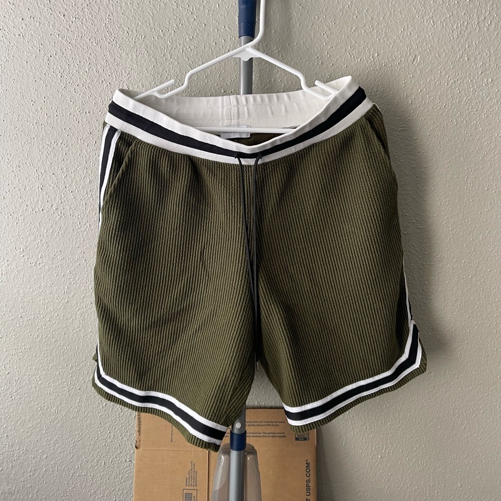 John Elliott Olive Corduroy Basketball Shorts with Black and White Accents